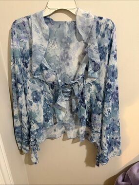 SHEIN Blue Floral Ruffle Tie-Front Blouse